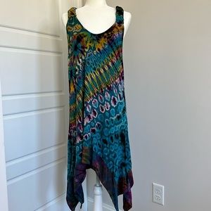 Beautiful Tie dyed hanker chief dress, fits like a M/L . Flowy and very soft .